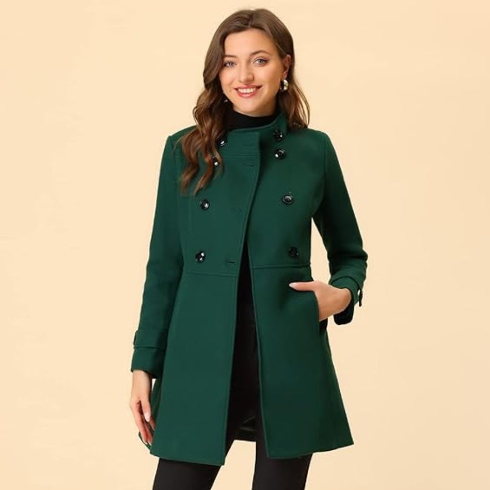 Allegra K Women's Stand Collar Double Breasted Slant Pockets Trendy Outwear